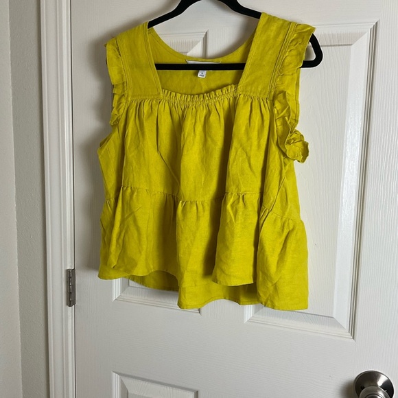 Calligraphie Yellow Sleeveless Ruffle Top linen blend size small - Picture 2 of 8
